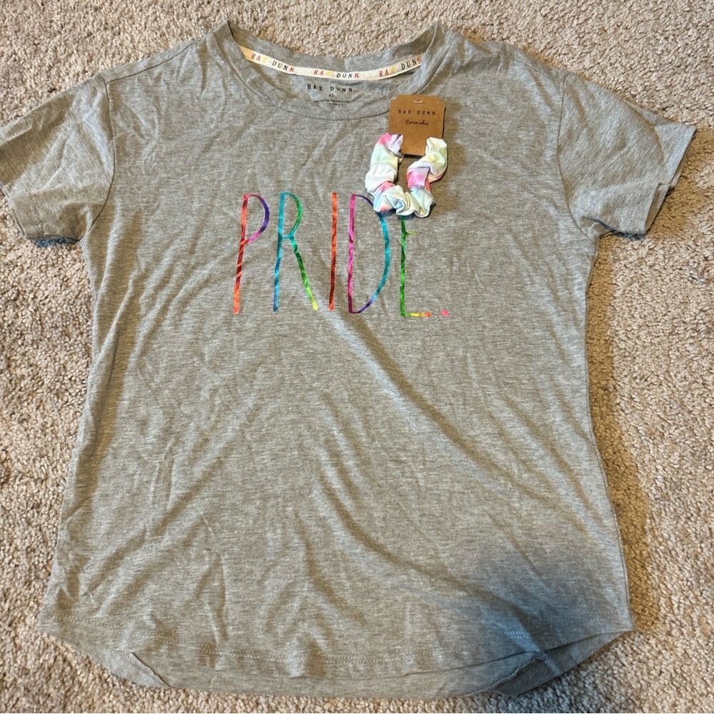 Rae Dunn Pride Shirt Women Size XSmall Short Sleeve Grey Rainbow Scrunchie NWT